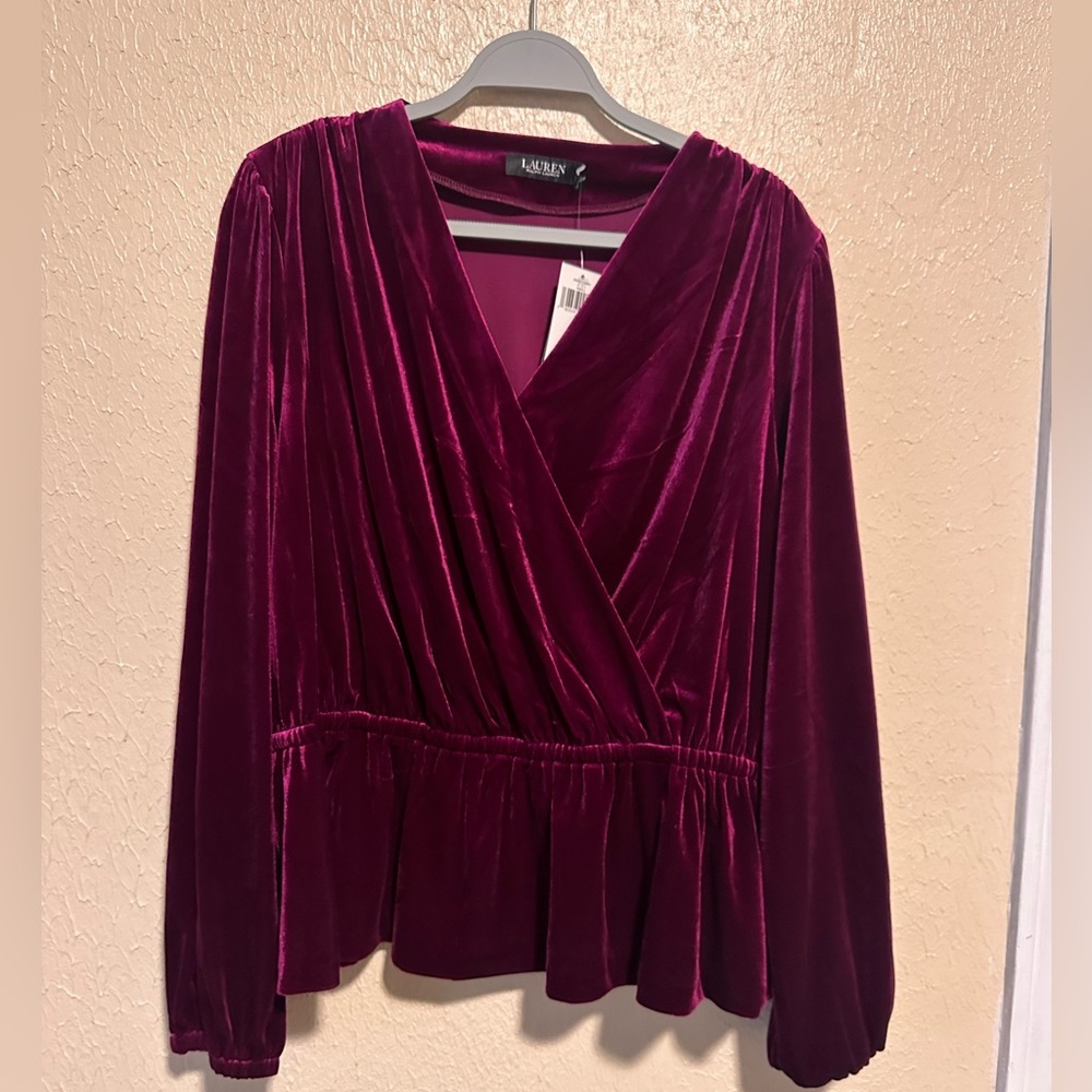 Lauren Ralph Lauren Velvet‎ Peplum Surplice Top Size XL